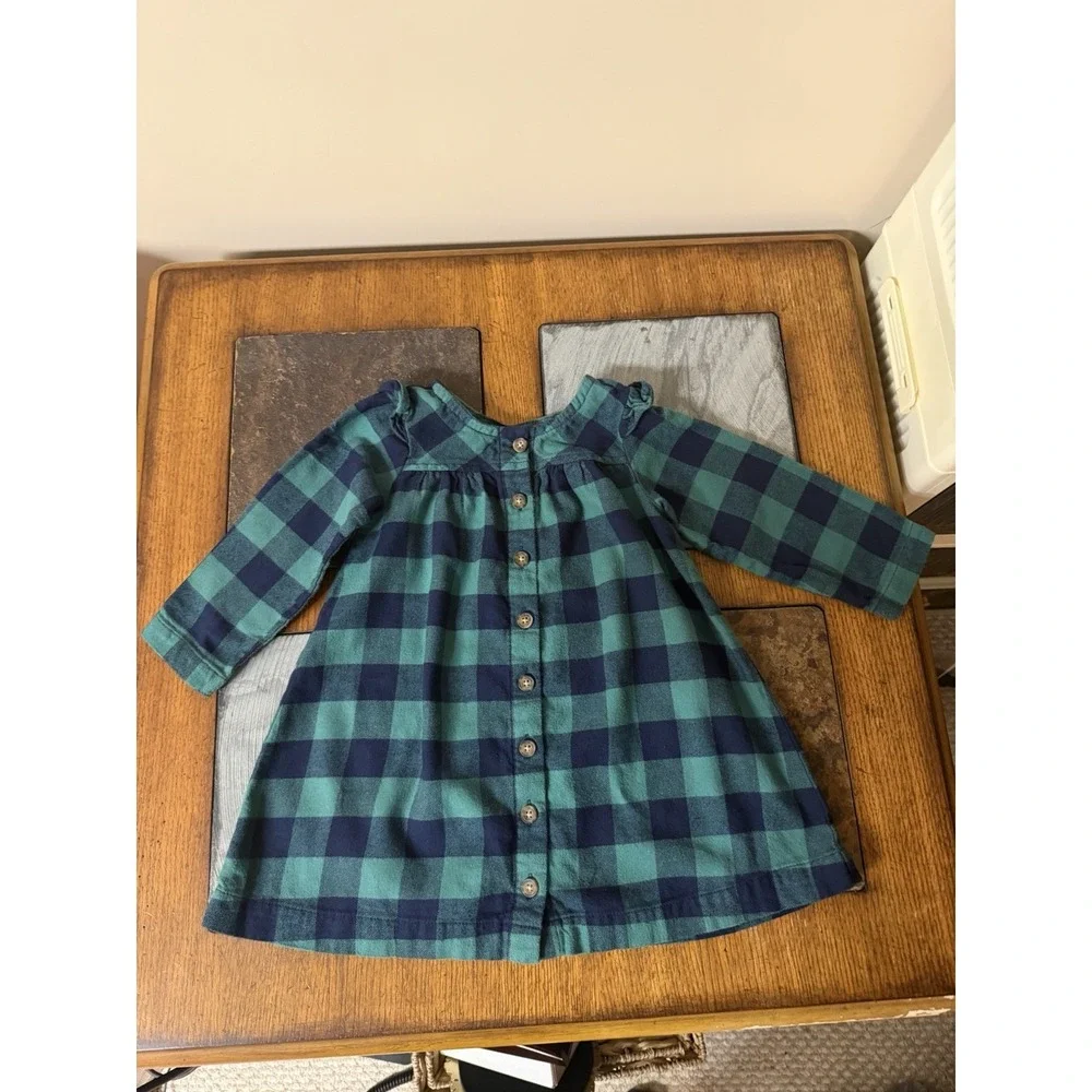 Hanna Andersson Girls 2T Green Blue Buffalo Plaid Button Front Dress Cotton